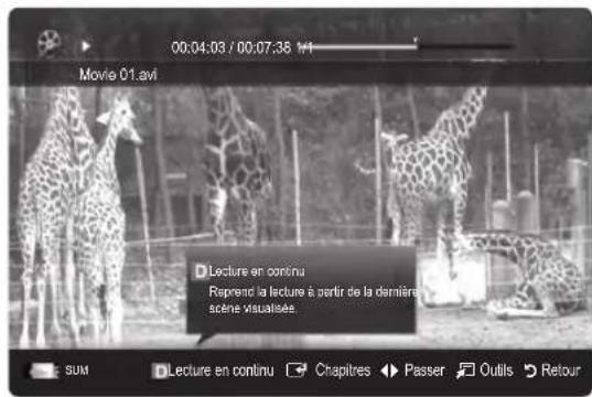 00:04:03 / 00:07:38 141 Movie 01.avi D Lecture en continu Risprend la lecture à partir de la dernière scene visualisée. SUM D Lecture en continu Chapitres Passer Outils Retour