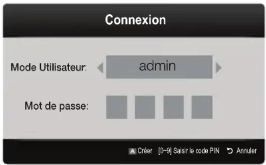 Connexion Mode Utilisateur: admin Mot de passe: Créer [0-9] Saisir le code PIN Annuler
