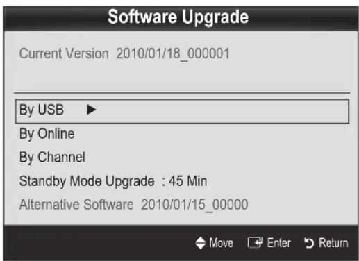 Software Upgrade Current Version 2010/01/18_000001 By USB ▶ By Online By Channel Standby Mode Upgrade : 45 Min Alternative Software 2010/01/15_00000 Move Enter Return