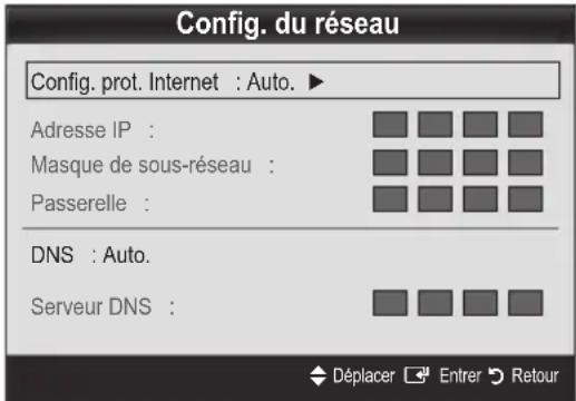 Config. du réseau Config. prot. Internet : Auto. Adresse IP : Masque de sous-réseau : Passerelle : DNS : Auto. Serveur DNS :