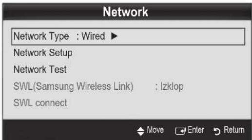 Network Network Type : Wired ▶ Network Setup Network Test SWL(Samsung Wireless Link) : Izklop SWL connect Move Enter Return