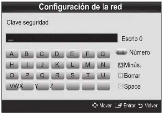 Configuración de la red Clave seguridad — Escrib 0 A B C D E F G H I J K L M N O P Q R S T U VWX Y Z 0-9 Número A Minús. B Borrar C Space Mover Enrar Volver