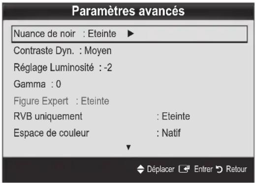 Paramètres avancés Nuance de noir : Eteinte ► Contraste Dyn. : Moyen Réglage Luminosité : -2 Gamma : 0 Figure Expert : Eteinte RVB uniquement : Eteinte Espace de couleur : Natif Déplacer Entrer Retour
