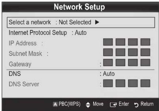 Network Setup Select a network : Not Selected ▶ Internet Protocol Setup : Auto IP Address : Subnet Mask : Gateway : DNS : Auto DNS Server :