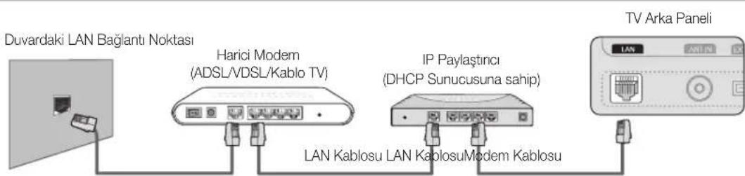 Duvardaki LAN Bağlantı Noktası Harici Modem (ADSL/VDSL/Kablo TV) IP Paylaştıncı (DHCP Sunucusuna sahip) LAN Kablosu LAN KablosuModem Kablosu TV Arka Paneli