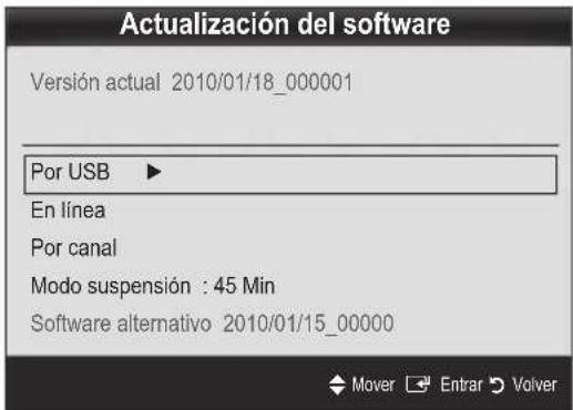 Actualización del software Versión actual 2010/01/18_000001 Por USB ► En línea Por canal Modo suspensión : 45 Min Software alternativo 2010/01/15_00000 Mover Entrar Volver