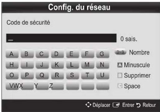 Config. du réseau Code de sécurité — 0 sais. A B C D E F G 0-9 Nombre H I J K L M N O P Q R S T U VWX Y Z A Minuscule B Supprimer C Space Déplacer Entrer Retour