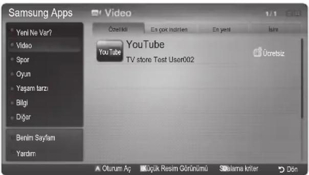 Samsung Apps Yeni Ne Var? Video Spor Oyun Yaşam tarzı Bilgi Dğor Benim Saylam Yardım Video Özellikli En çok indirten En yeni İsm YouTube YouTube TV store Test User002 Ücretsiz Ölurum Aç Kılıçik Resim Görünümü Sıralama kriter Dön