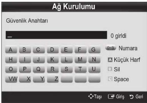 Ağ Kurulumu Güvenlik Anahtarı 0 girldi A B C D E F G 0-9 Numara H I J K L M N A Küçük Harf O P Q R S T U B Sil VW X Y Z C Space Taşı Giriş Geri
