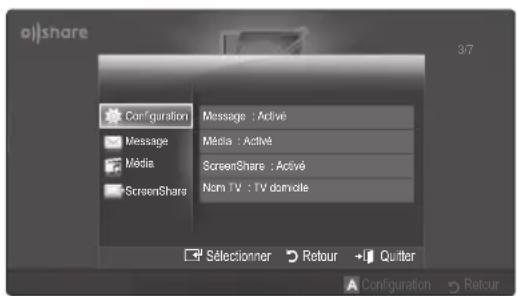 allshare Configuration Message : Activé Média : Activé ScreenShare : Activé Nom TV : TV domvole Sélectionner Retour + Quitter Configuration Retour