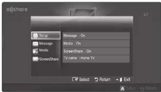 aijshare Setup Message : On Media : On Media ScreenShare : On TV name : Home TV Select Return Exit Setup Return