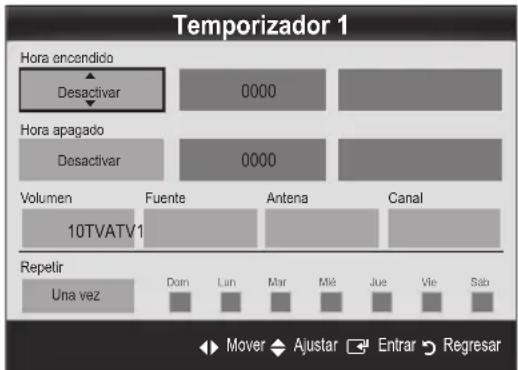 Temporizador 1 Hora encendido Desactivar 0000 Hora apagado Desactivar 0000 Volumen Fuente Antena Canal 10TVATV1 Repetir Una vez Dom Lun Mar Mié Jue Vie Sab Mover Ajustar Entrar Regresar