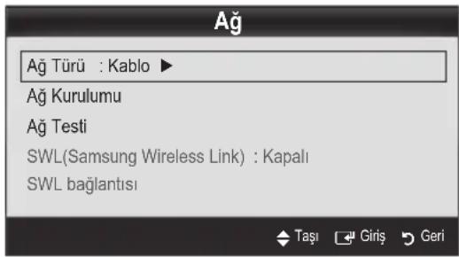 Ağ Ağ Türü : Kablo ▶ Ağ Kurulumu Ağ Testi SWL(Samsung Wireless Link) : Kapalı SWL bağlantısı Taşı Giriş Geri