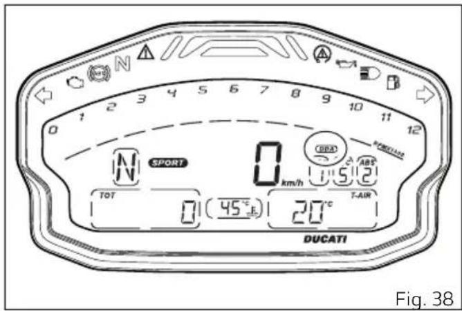 N 0 1 2 3 4 5 6 7 8 9 10 11 12 SPORT 0 km/h TOT 0 (45°E) 20°C T-AIR DUCATI Fig. 38