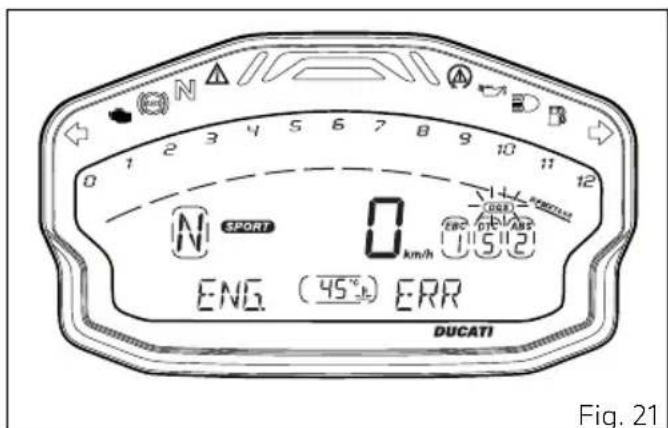 N 1 2 3 4 5 6 7 8 9 10 11 12 0 M SPORT 0 km/h EBG DT V ABS U I S I U ENG (45°) ERR DUCATI Fig. 21
