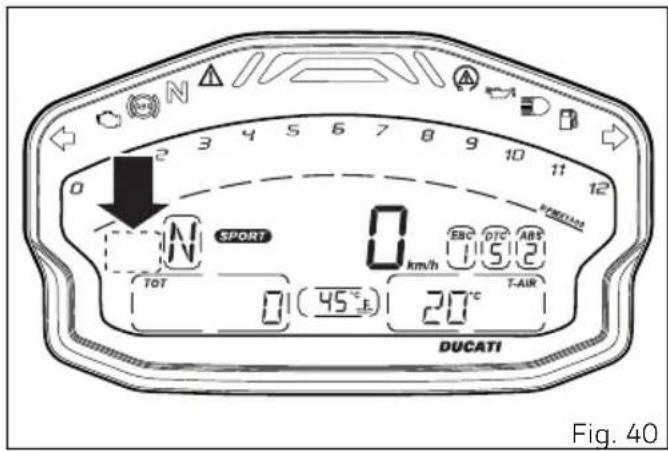 N 2 3 4 5 6 7 8 9 10 11 12 0 N SPORT 0 km/h EBQ DTC ABZ TOT 0 (45°E) 20°C T-AIR DUCATI Fig. 40