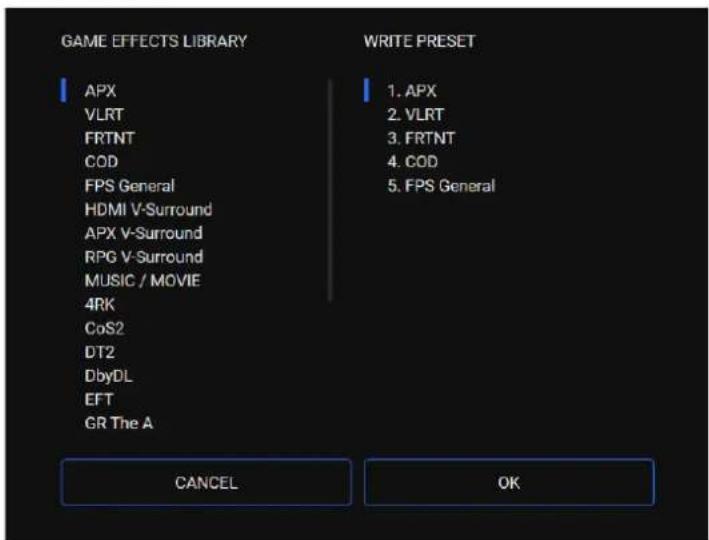 ROLAND Bridge Cast - Dans « GAME EFFECTS LIBRARY », cliquez sur le paramètre que vous souhaitez utiliser comme préréglage. - 1