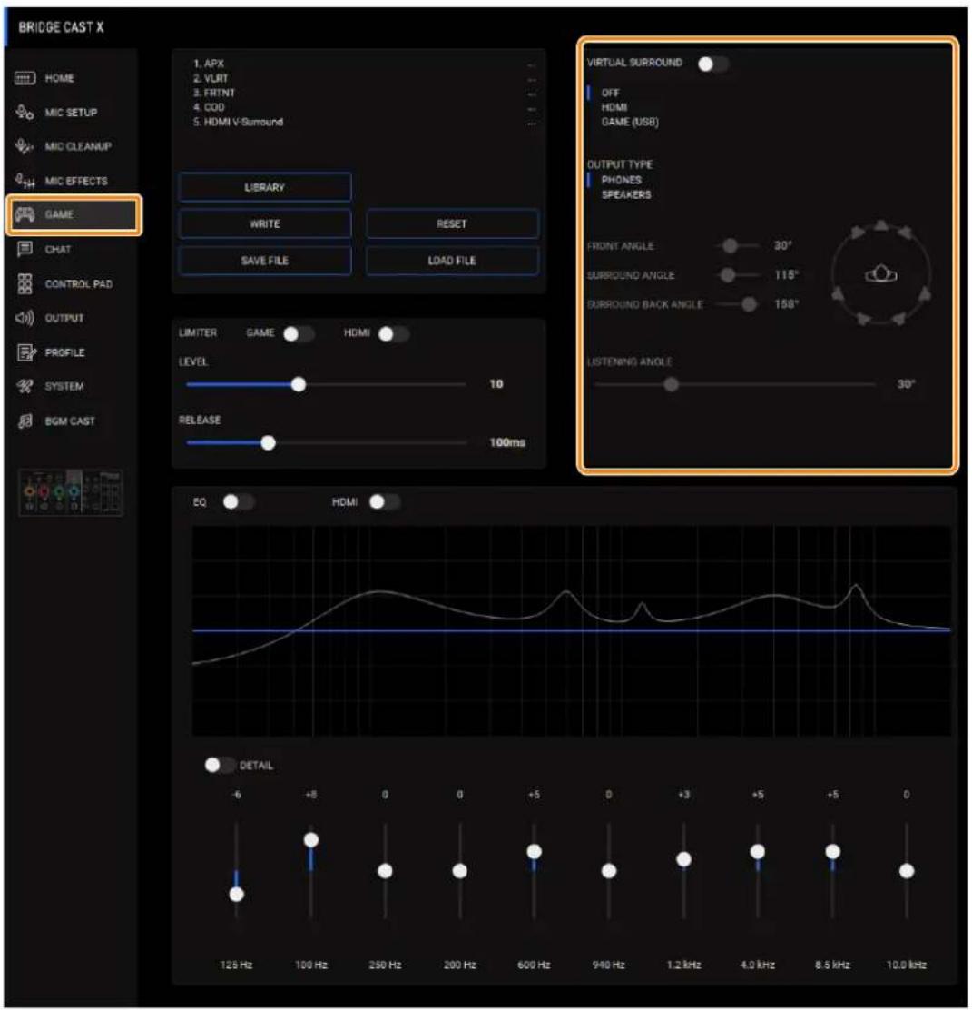ROLAND Bridge Cast - Dans l'écran du menu, cliquez sur l'onglet « GAME » pour configurer le surround virtuel. - 1