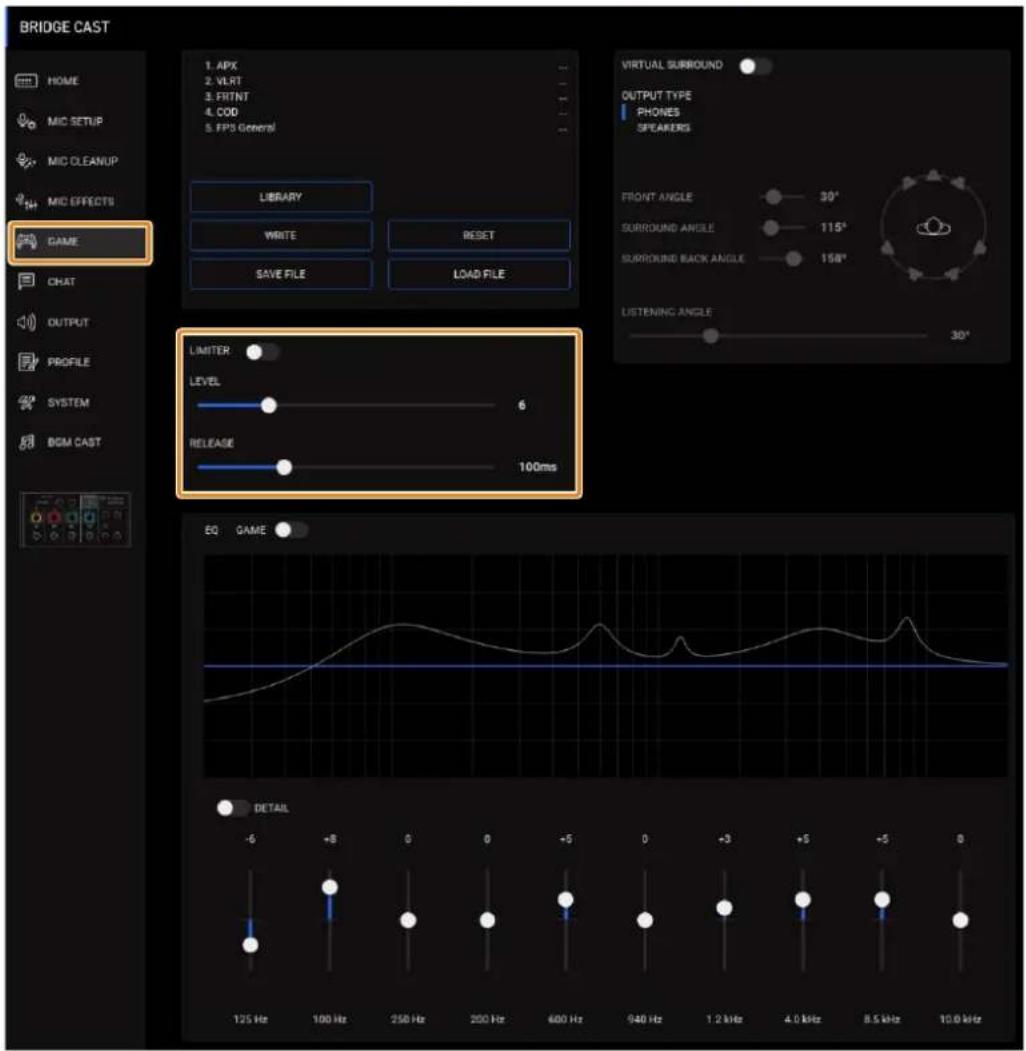 ROLAND Bridge Cast - Dans l'écran du menu, cliquez sur l'onglet « GAME » pour configurer le limiteur. - 1