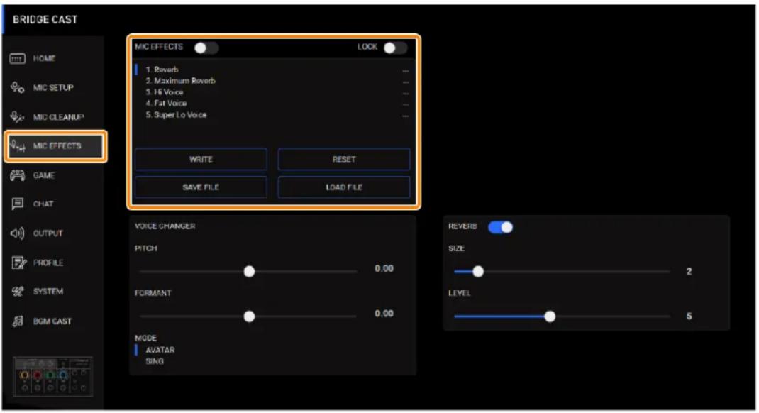 ROLAND Bridge Cast - On the menu screen, click the "MIC EFFECTS" tab and set the parameters in the respective menus. - 1