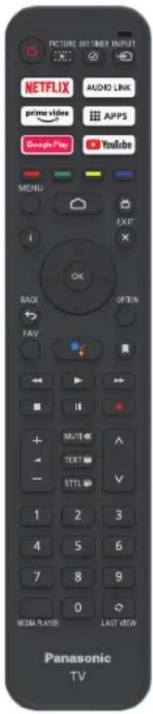 PICTURE DISTIMER INPUT NETFLIX AUDIO LINK prime video APPS Google Play YouTube MENU EXIT BACK ON FAV NEXT NEXT TEXT STTL 1 2 3 4 5 6 7 8 9 0 MEDIA PLAYER LAST VIEW Panasonic TV