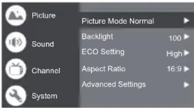 Picture Picture Mode Normal Backlight 100 ECO Setting High Aspect Ratio 16:9 Advanced Settings Sound Channel System