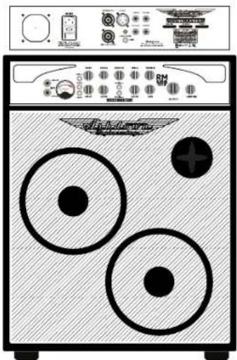 Illustration of a portable audio amplifier with labeled buttons and three circular components