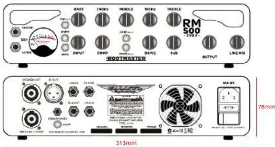 BASS 240Hz MIDDLE TCKHz TREBLE RM 500 -200Hz INPUT COMP DRIVE SUB OUTPUT LINE MIX ROOTMASTER SPRING OUT 313mm 78mm 313mm
