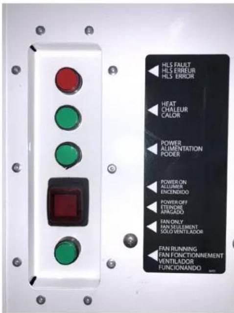 HLS FAULT HLS ERREUR HLS ERROR HEAT CHALEUR CALOR POWER ALIMENTATION PODER POWER ON ALLUMER ENCENDIDO POWER OFF ETENDRE APRAGADO FAN ONLY FAN SELLEMENT SOLD VENTILADOR FAN RUNNING FAN FONCTIONNEMENT VENTILADOR FUNCIONANDO