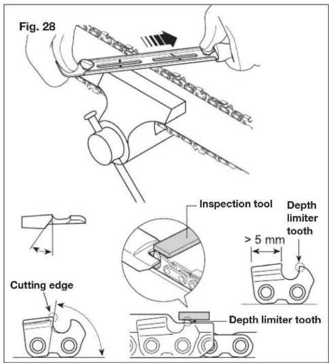 Fig. 28 Inspection tool Depth limiter tooth > 5 mm Cutting edge Depth limiter tooth