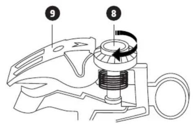 Technical diagram of a mechanical device with numbered components and directional arrows indicating motion or rotation.