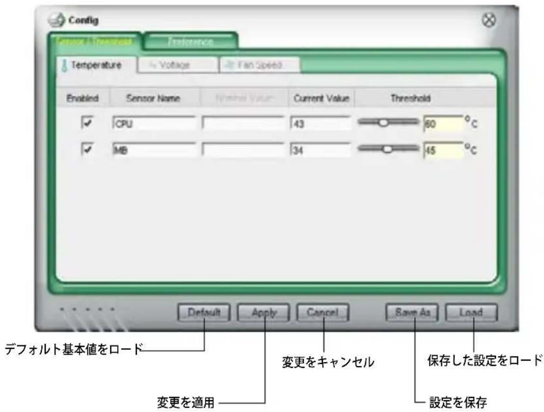 Config Sensor Threshold Preference Temperature Voltage Fan Speed Enabled Sensor Name Nominal Value Current Value Threshold ✓ CPU 43 80 °C ✓ MB 34 45 °C Default Apply Cancel Save As Load デフォルト基本値をロード 変更を適用 変更をキャンセル 保存した設定をロード 設定を保存