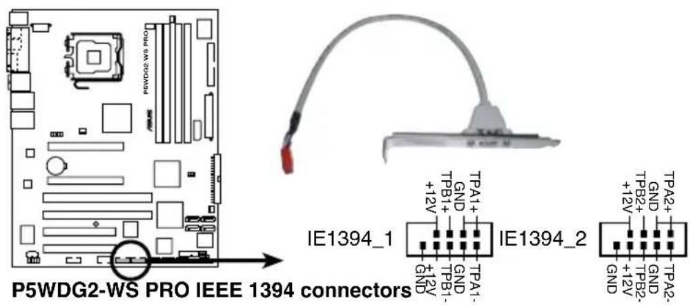 P5WDG2-WS PRO IEEE 1394 connectors IE1394_1 +12V TPB1- GND TPA1- GND TPA1- GND TPA1- +12V IE1394_2 +12V TPB2- GND TPA2- GND TPA2- +12V TPB2- GND TPA2-