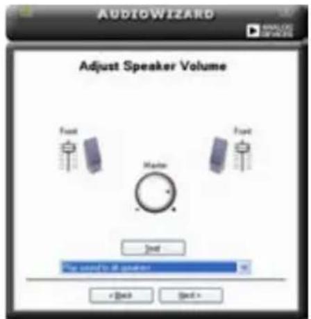 AUDIOWIZARD Adjust Speaker Volume Front Front Main Add The used to all speakers + Back Next >