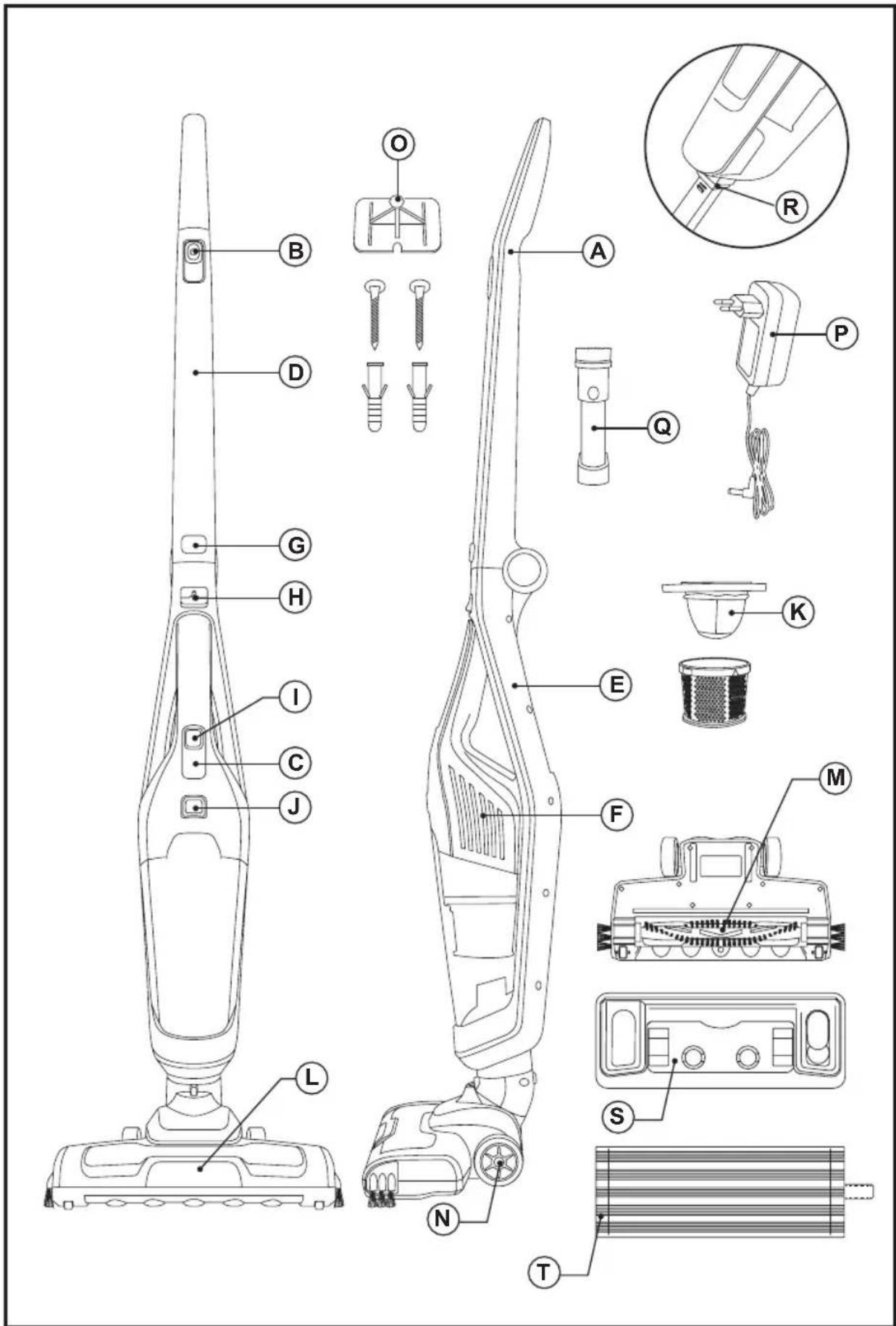 Technical diagram of a vacuum cleaner with labeled parts and exploded view, including parts A through T.