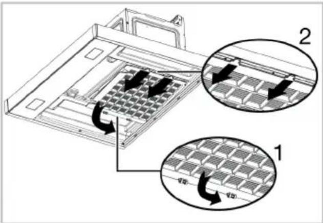 Diagram showing two views of a computer rack with labeled components and directional arrows indicating movement or assembly.
