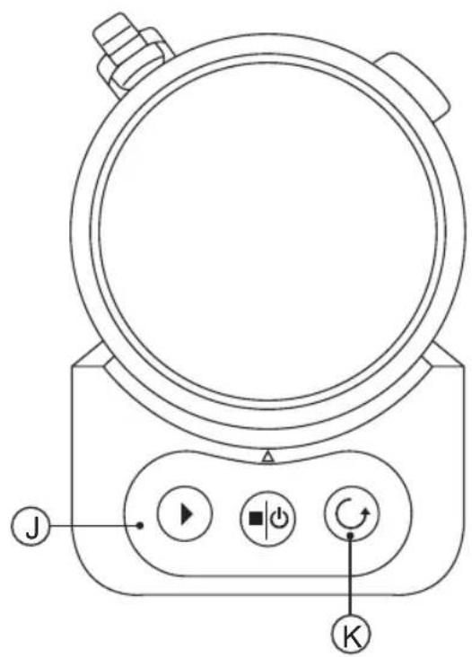 Diagram of a circular device with labeled buttons and indicators, including J, K, and directional icons.