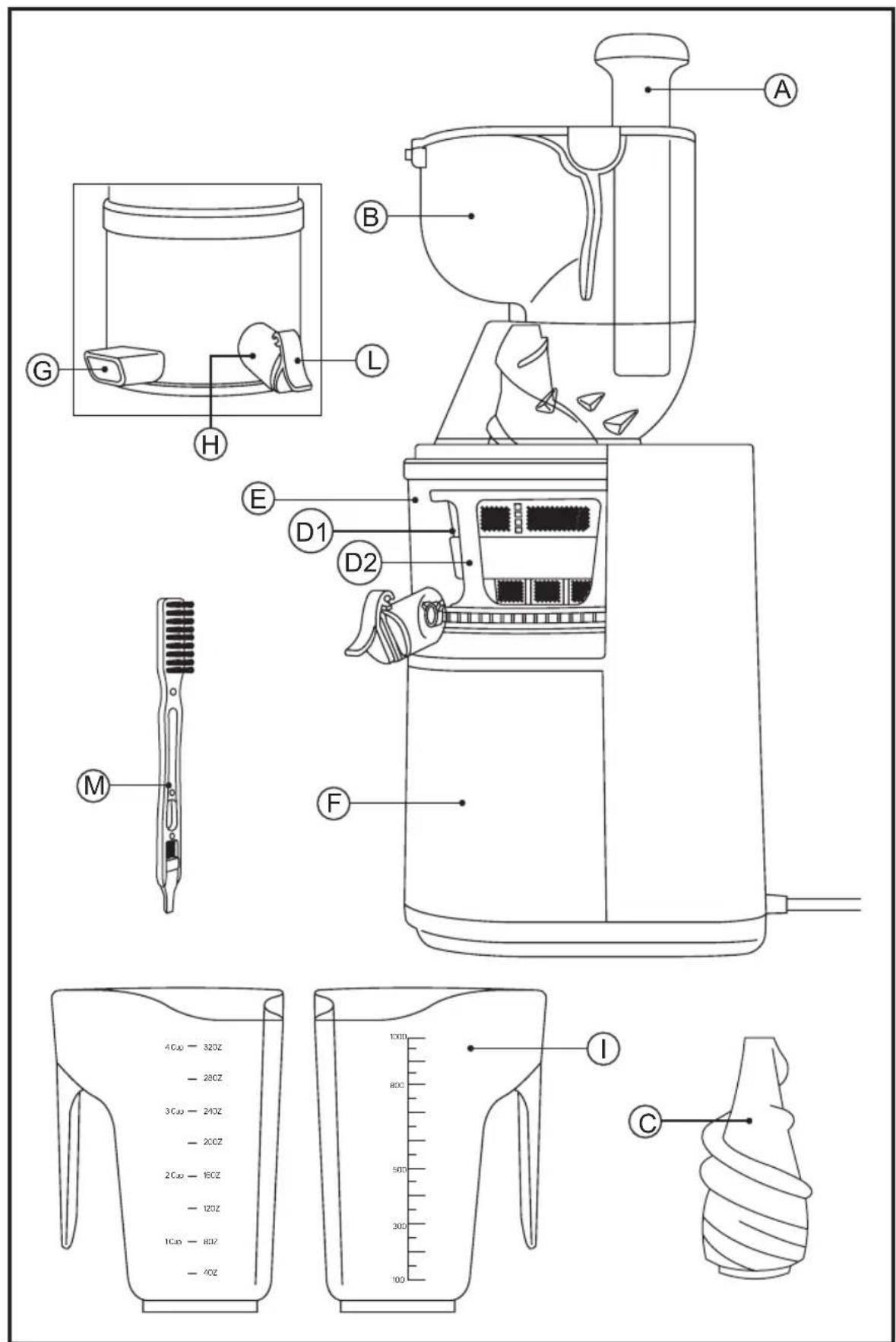 Technical diagram of a blender with labeled parts and measurement scales for cleaning or cleaning tasks.