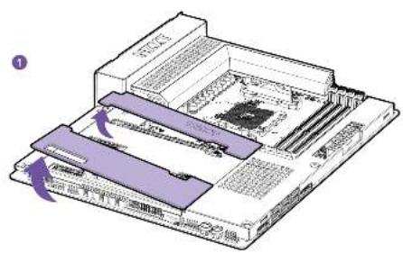 Diagram of a computer motherboard with labeled components and directional arrows indicating movement or assembly.
