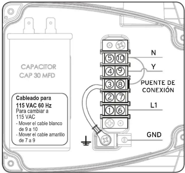 CAPACITOR CAP 30 MFD Cableado para 115 VAC 60 Hz Para cambiar a 115 VAC - Mover el cable blanco de 9 a 10 - Mover el cable amarillo de 7 a 9 N Y PUENTE DE CONEXIÓN L1 GND