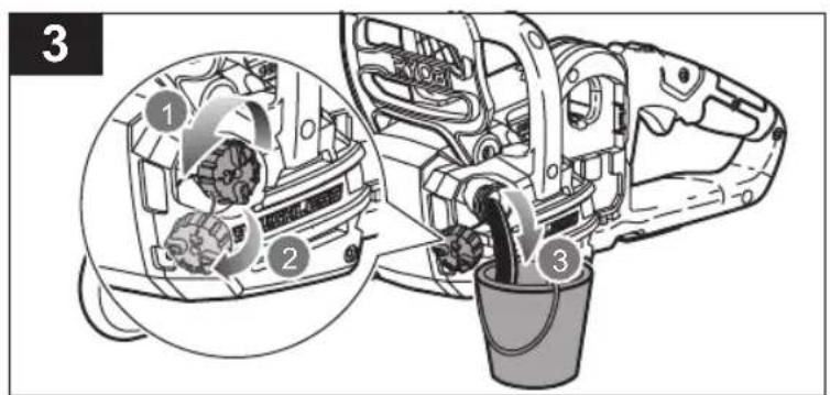 Diagram showing mechanical assembly with numbered parts and a magnified inset highlighting a component being inserted into a bucket.