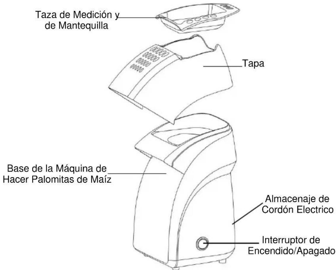 Taza de Medición y de Mantequilla Tapa Base de la Máquina de Hacer Palomitas de Maíz Almacenaje de Cordón Electrico Interruptor de Encendido/Apagado