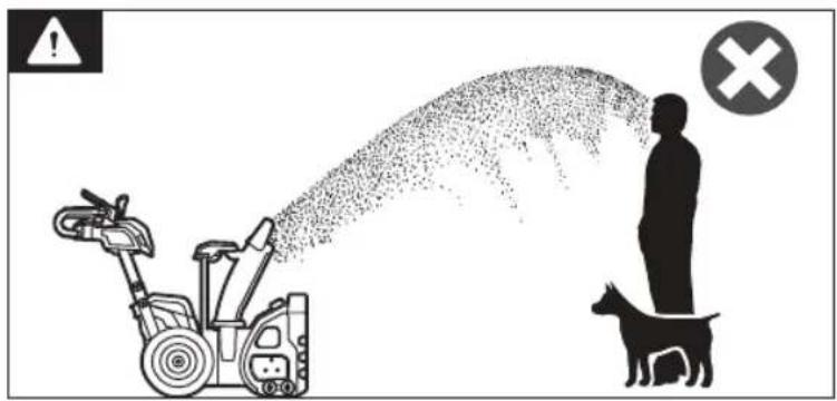 Safety warning illustration showing a snowplow spraying water with a dog and a person standing on a dog, accompanied by a warning symbol.