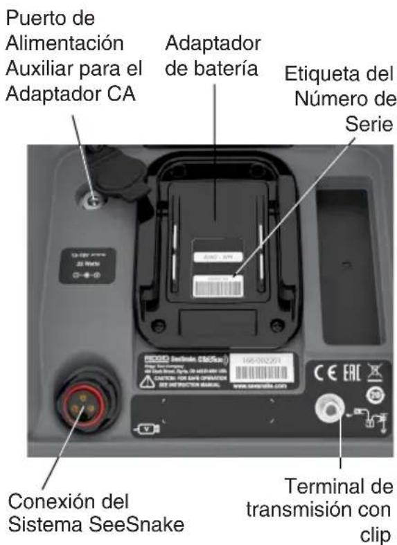 Puerto de Alimentación Auxiliar para el Adaptador CA Adaptador de batería Etiqueta del Número de Serie Conexión del Sistema SeeSnake Terminal de transmisión con clip