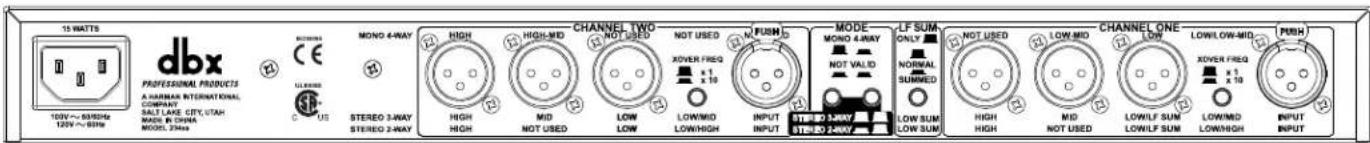 15 WATTS 10W~80Hz 120V~60Hz dbx PROFESSIONAL PRODUCTS A HARRAM INTERNATIONAL COMPANY SALT LAKE CITY,UTAH MADS & CHINA MODEL 234Hz stereo 3-WAY STEREO 3-WAY HIGH HIGH-MID NOT USED NOT USED XOVER FREQ x 1 x 10 LOW/MID LOW/High INPUT INPUT MODE MONO 4-WAY NOT VALID NOT VALID LF SUM ONLY NORMAL SUMMED LOW SUM LOW SUM NOT USED LOW/MID LOW/MID CHANNEL ONE LOW LOW/LF SUM LOW/LF SUM LOW/MID LOW/High INPUT INPUT