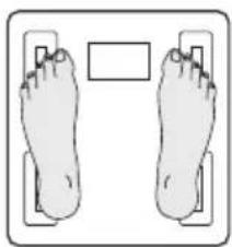 Illustration of two feet standing in a rectangular frame with a blank rectangular box on the side (no text or symbols)