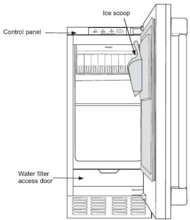Control panel Ice scoop Water filter access door