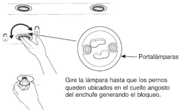 Portalámparas Gire la lámpara hasta que los pernos queden ubicados en el cuello angosto del enchufe generando el bloqueo.