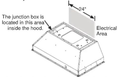The junction box is located in this area inside the hood. 24" Electrical Area