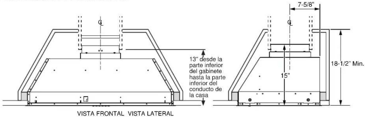 13" desde la parte inferior del gabinete hasta la parte inferior del conducto de la casa 7-5/8" 15" 18-1/2" Min. VISTA FRONTAL VISTA LATERAL